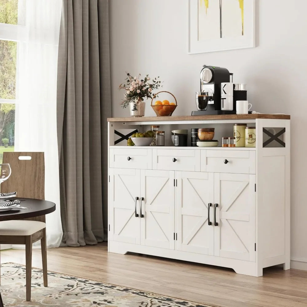 Farmhouse Buffet Cabinet with Drawers & Open Shelf Storage