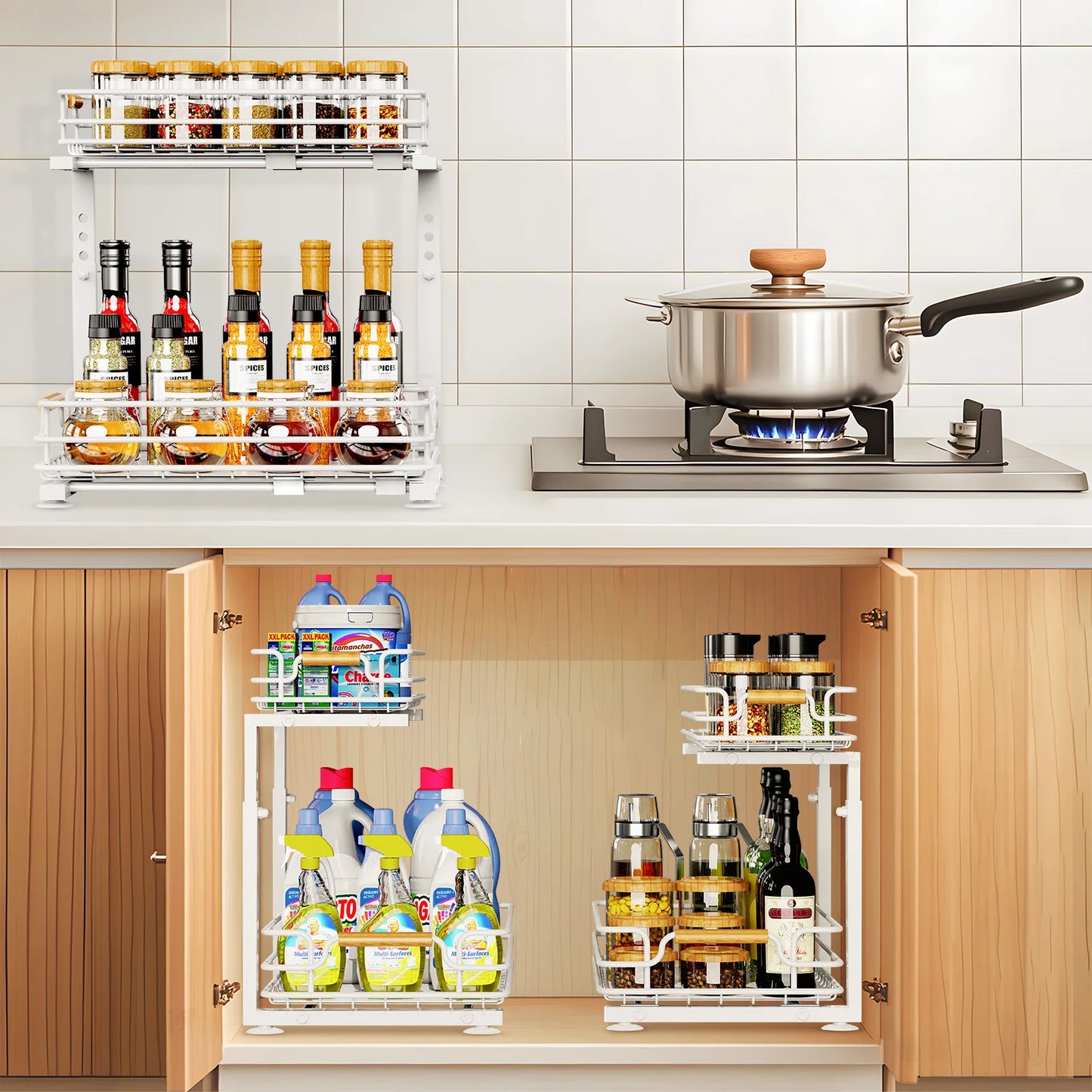 2 Tier Under Sink Organizer Kitchen Metal Sliding Drawer Height  Adjustable Cabinet Organizer Kitchen Organizer