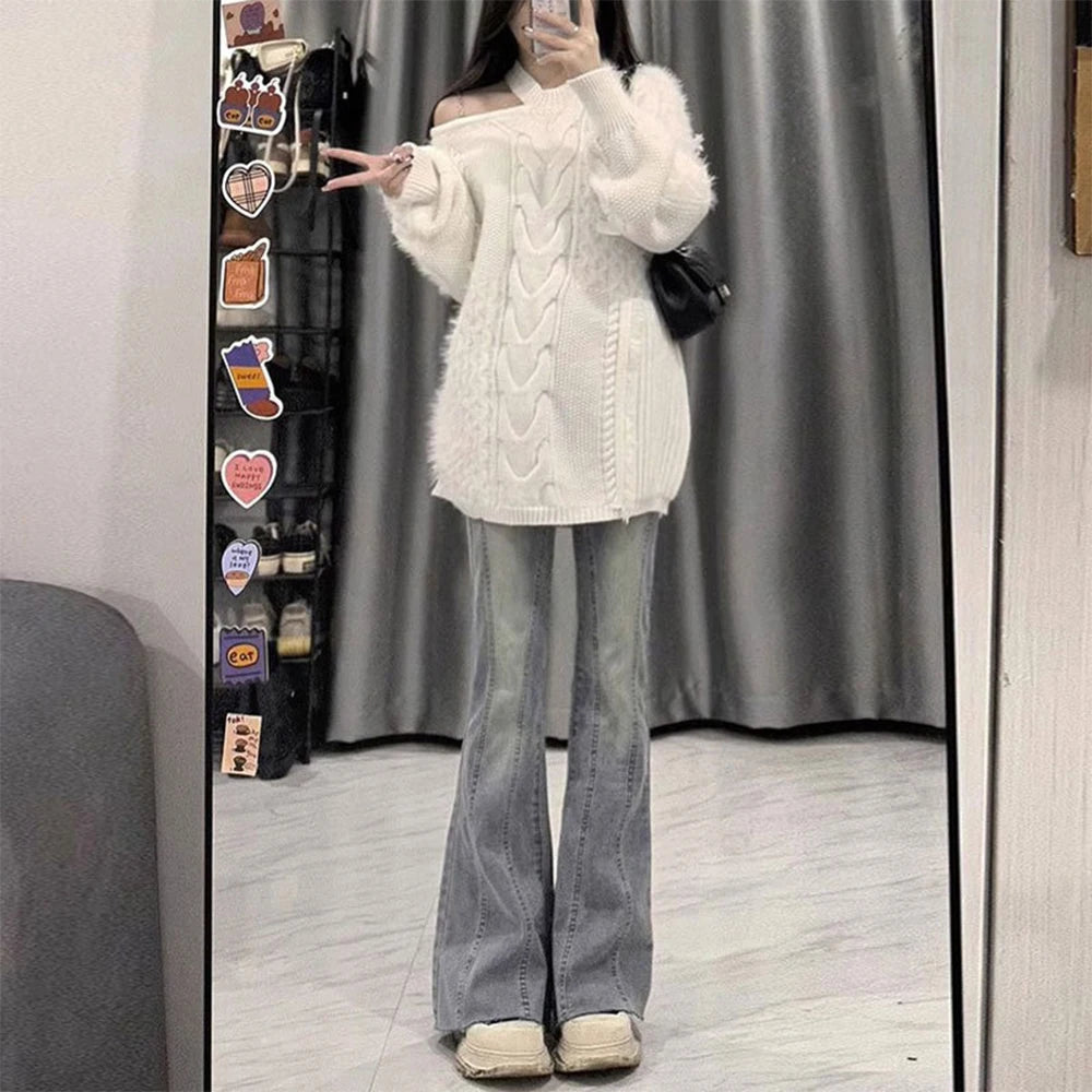 Retro Light Blue Micro Flare Jeans Women Korean Vintage Streetwear Slim Fit Lady Elastic Hight Waist Thin Baggy Denim Pants