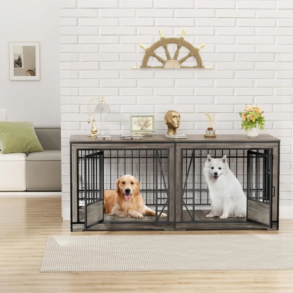 Extra Large Double Dog Crate 87'' with Adjustable Divider Heavy Duty Wood Kennel Indoor Furniture for 2 Dogs with Lockable Dividers