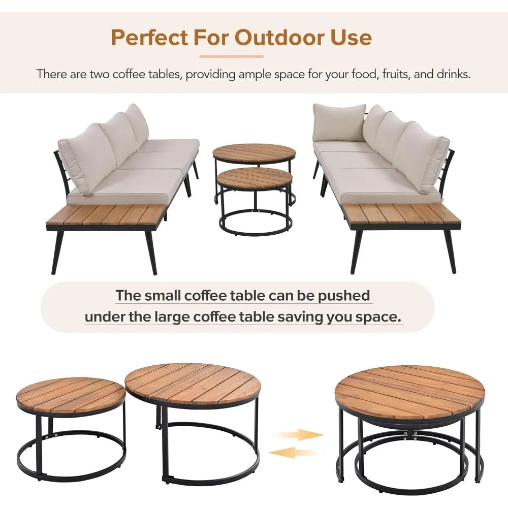 Modern Outdoor Sectional Sofa Set with Round Nesting Coffee Tables and Cushions 6 Piece Patio Furniture Set for Porch Garden Pool