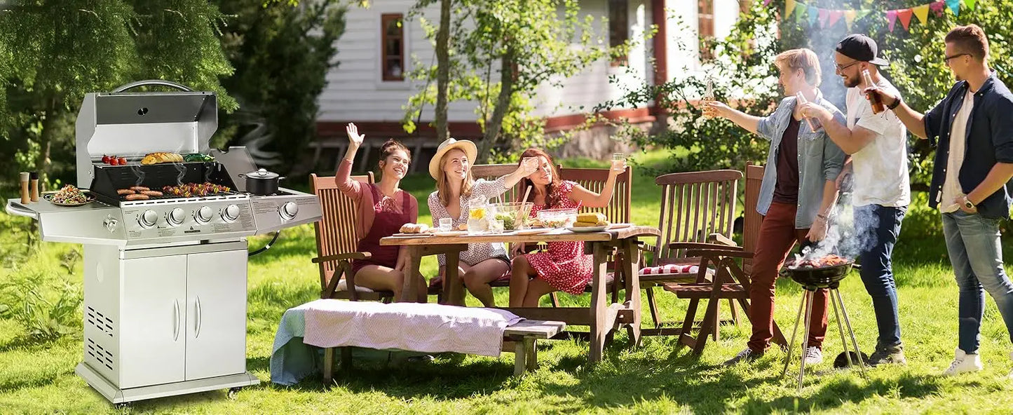 Propane Gas Grill Four Burners with Side Burner Stainless Steel Grill Cart with Wheels for Outdoor Patio Garden Backyard Cooking