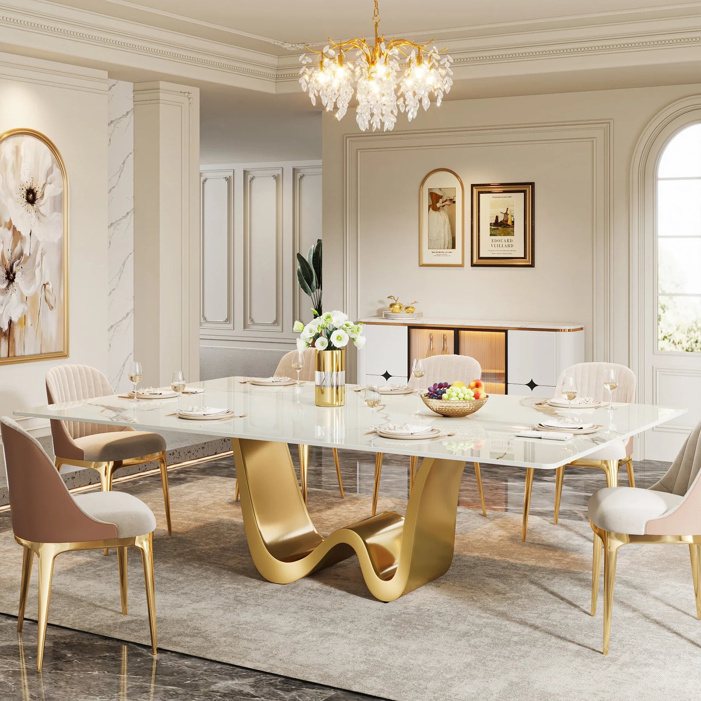 Tribesigns 78.74" Sintered Stone Dining Table for 6-8, Modern Rectangle Dining Table, Luxury White & Gold Kitchen Table