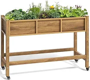 YITAHOME 3.6x1.5x2.8 FT Resin Garden Bed Kit with Legs And Wheels Outdoor Elevated Planter Box Stand Light Brown Weather Resistant