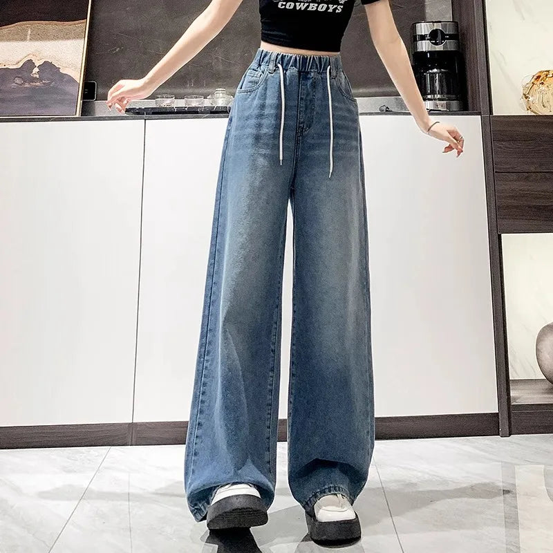 Loose Wide Leg Jeans High Waist Light Blue Women's plus Size Elastic Waist Dstring Trousers Slimming Long Pants