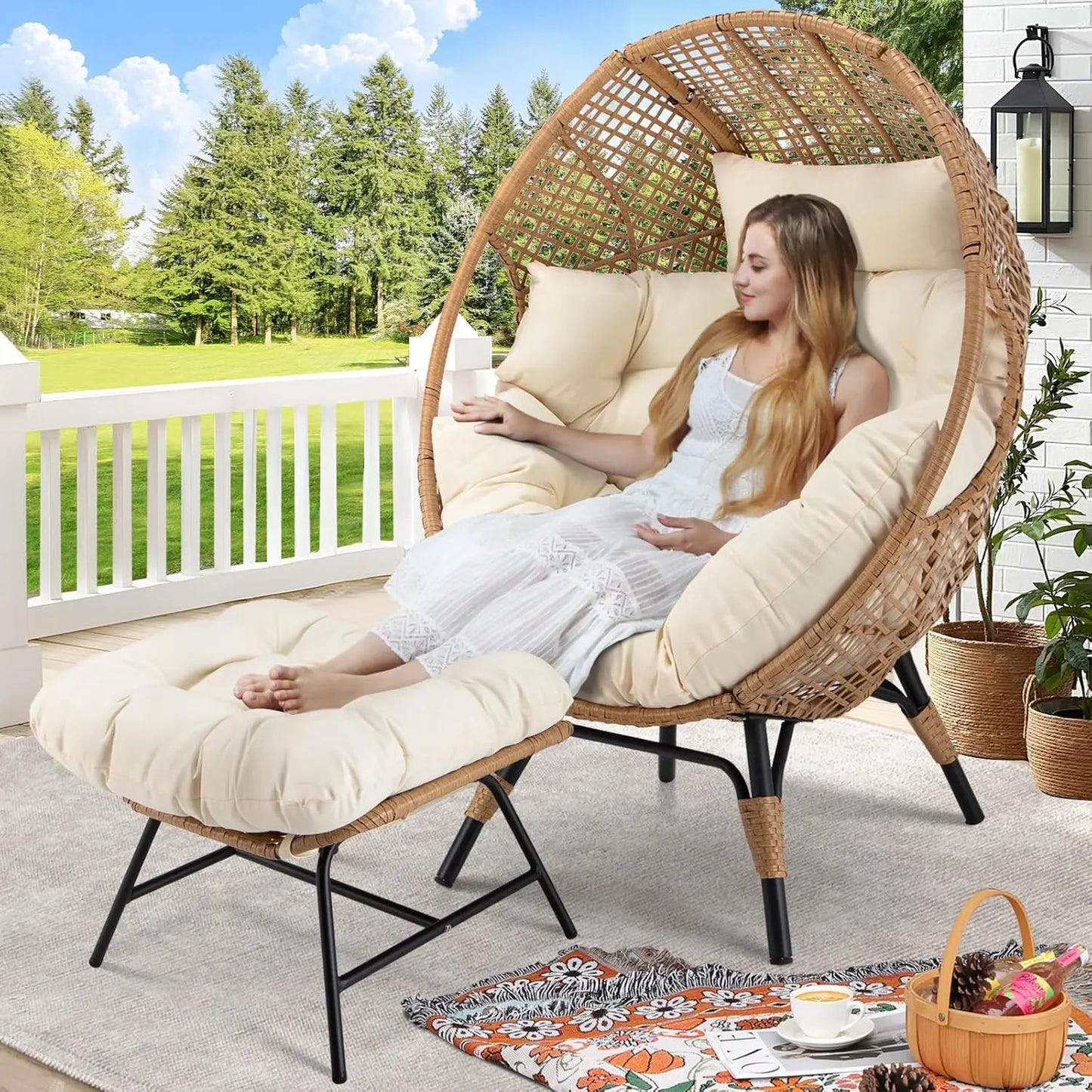 XMSJ Oversized Wicker Egg Chair With Footrest And Ottoman