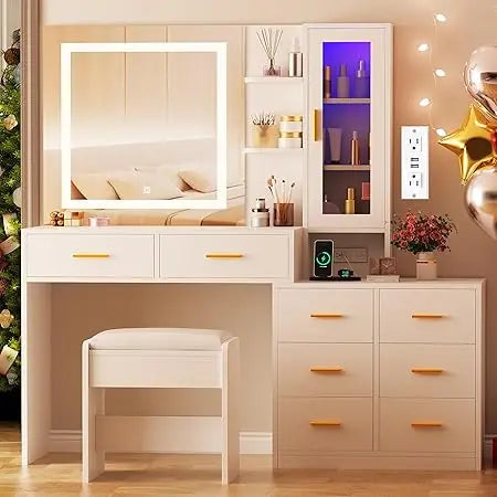 51.8 Inch Makeup Vanity Desk with Mirror and Lights White Vanity Table with RGB Cabinets Eight Drawers Power Outlet Large Dresser