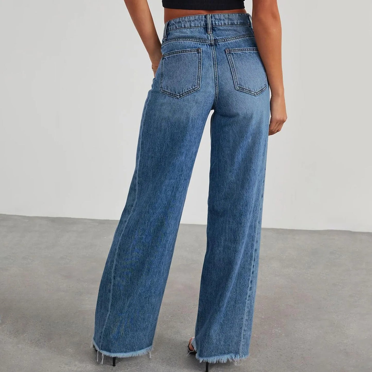 Women High Waist Casual Loose Wide Leg Slim Denim Pants Elegant Splice Pockets Straight Leg Floor Length Jeans