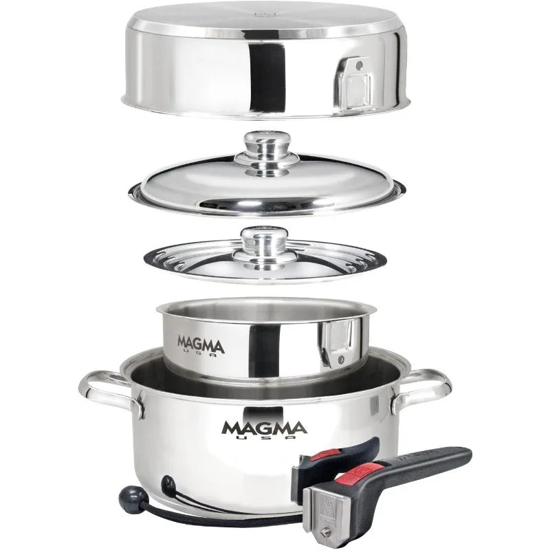 Magma 7 Piece Gourmet Nesting Stainless Steel Cookware Set, Induction Compatible, Oven Safe to 500°F Suitable for All Stovetops