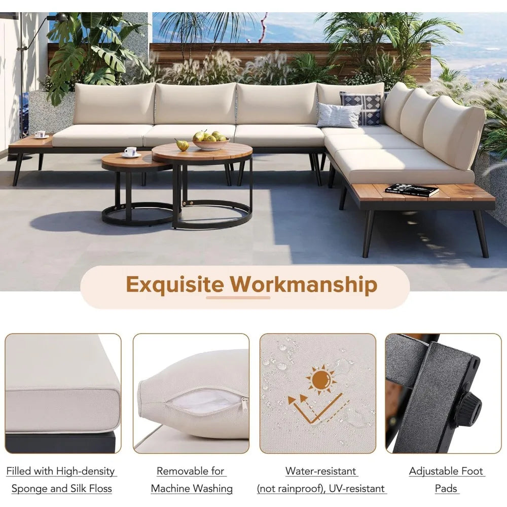 Modern Outdoor Sectional Sofa Set with Round Nesting Coffee Tables and Cushions 6 Piece Patio Furniture Set for Porch Garden Pool