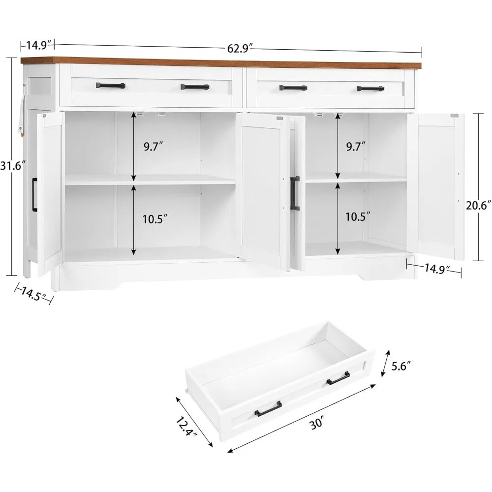 Large 63" Farmhouse Style Buffet Cabinet with 2 Adjustable Shelves and 4 Doors for Storage and Coffee Bar