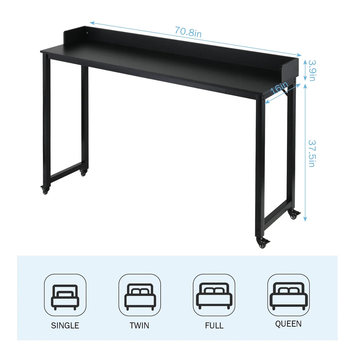Overbed Table with Wheels for Full/Queen Size Bed Frame Multi-Functional Mobile Computer Desk Standing Workstation Laptop Cart