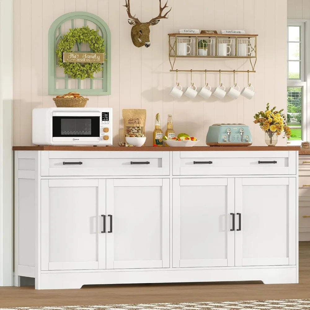 Large 63" Farmhouse Style Buffet Cabinet with 2 Adjustable Shelves and 4 Doors for Storage and Coffee Bar