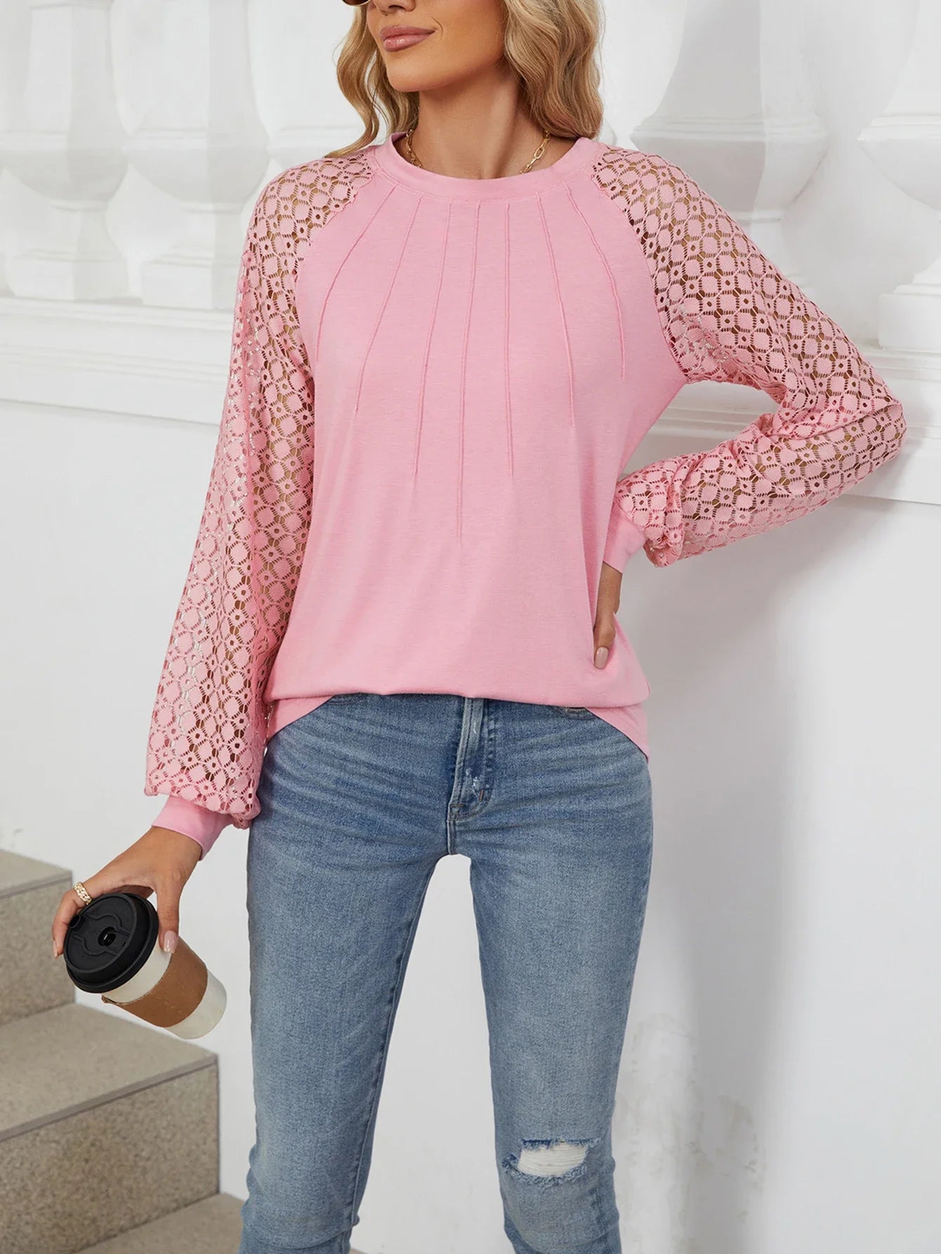 Womens Tee Autumn Lantern Sleeve Lace Spliced Design Top Round Neck Long-Sleeved T-Shirt Style Pullover