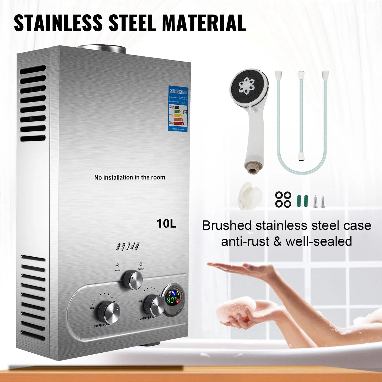 VEVOR Stainless Steel Tankless Gas Water Heater LPG Propane Boiler 6L-18L for Home Kitchen Demand Hot Water