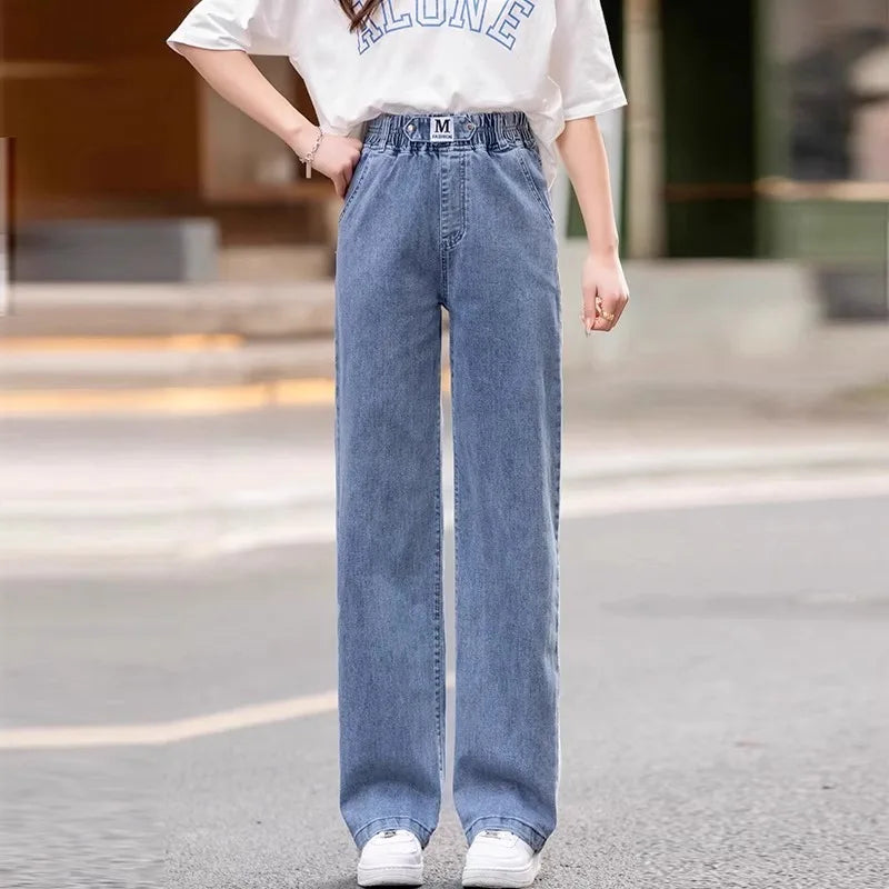 Loose Wide Leg Jeans High Waist Light Blue Women's plus Size Elastic Waist Dstring Trousers Slimming Long Pants