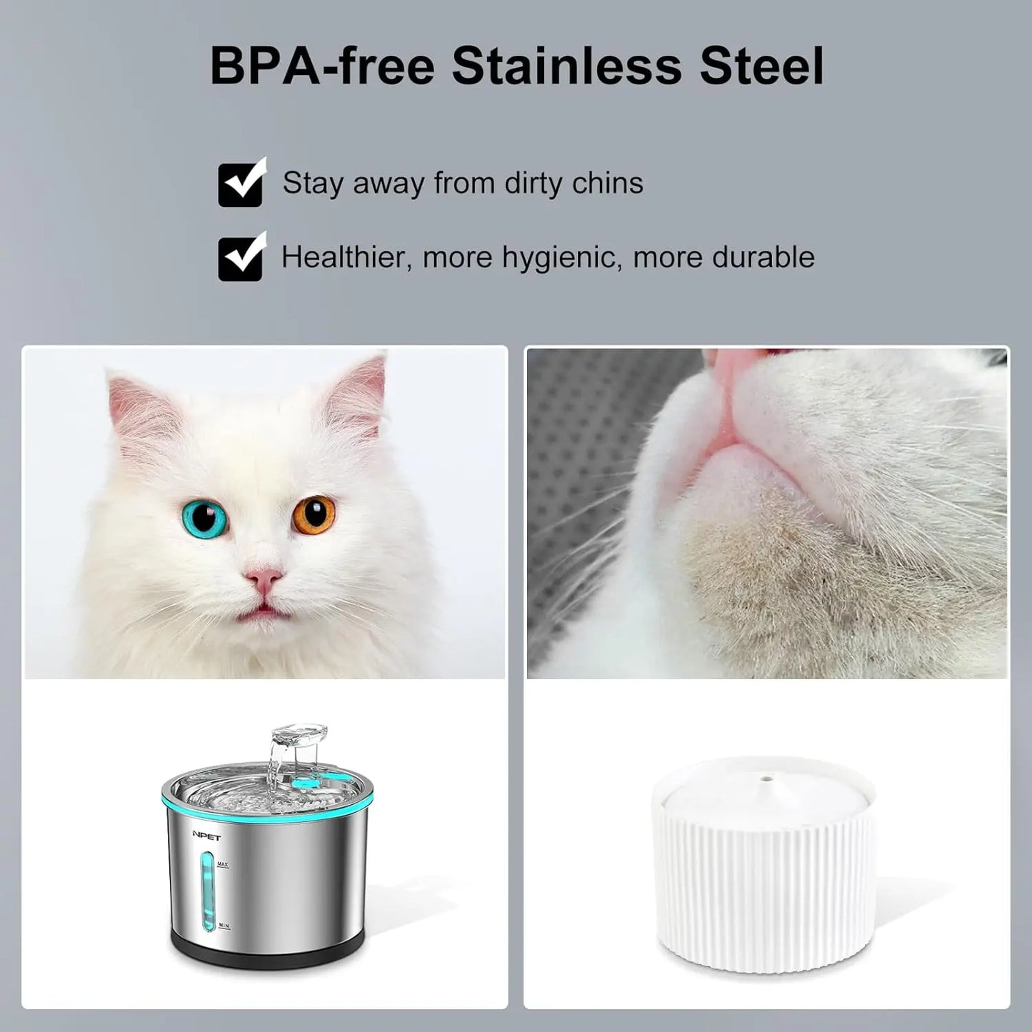 NPET Stainless Steel Cat Water Fountain 50oz 1.5L Dishwasher Safe Pet Water Dispenser with Visible Window Light
