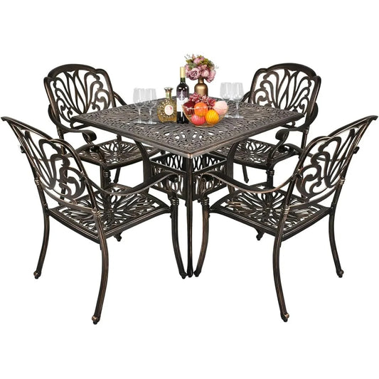 5Pcs Cast Aluminium Patio Dining Set with 4 Chairs And 1 Umbrella Table Modern Outdoor Garden Furniture round Shape for Yard