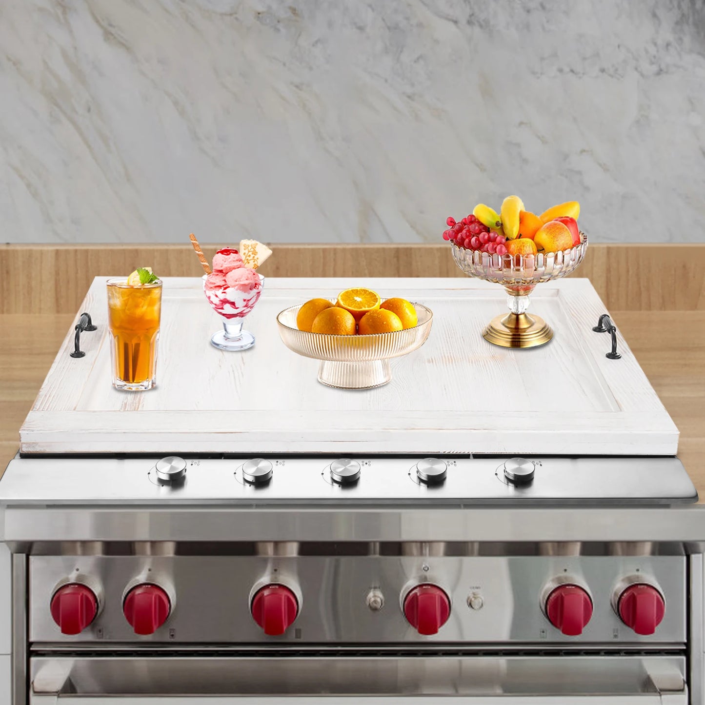 Noodle Board Stovetop Cover Kitchen Serving Tray with Handles 44lbs Load Capacity Countertop Protector Modern Style Wood Tray