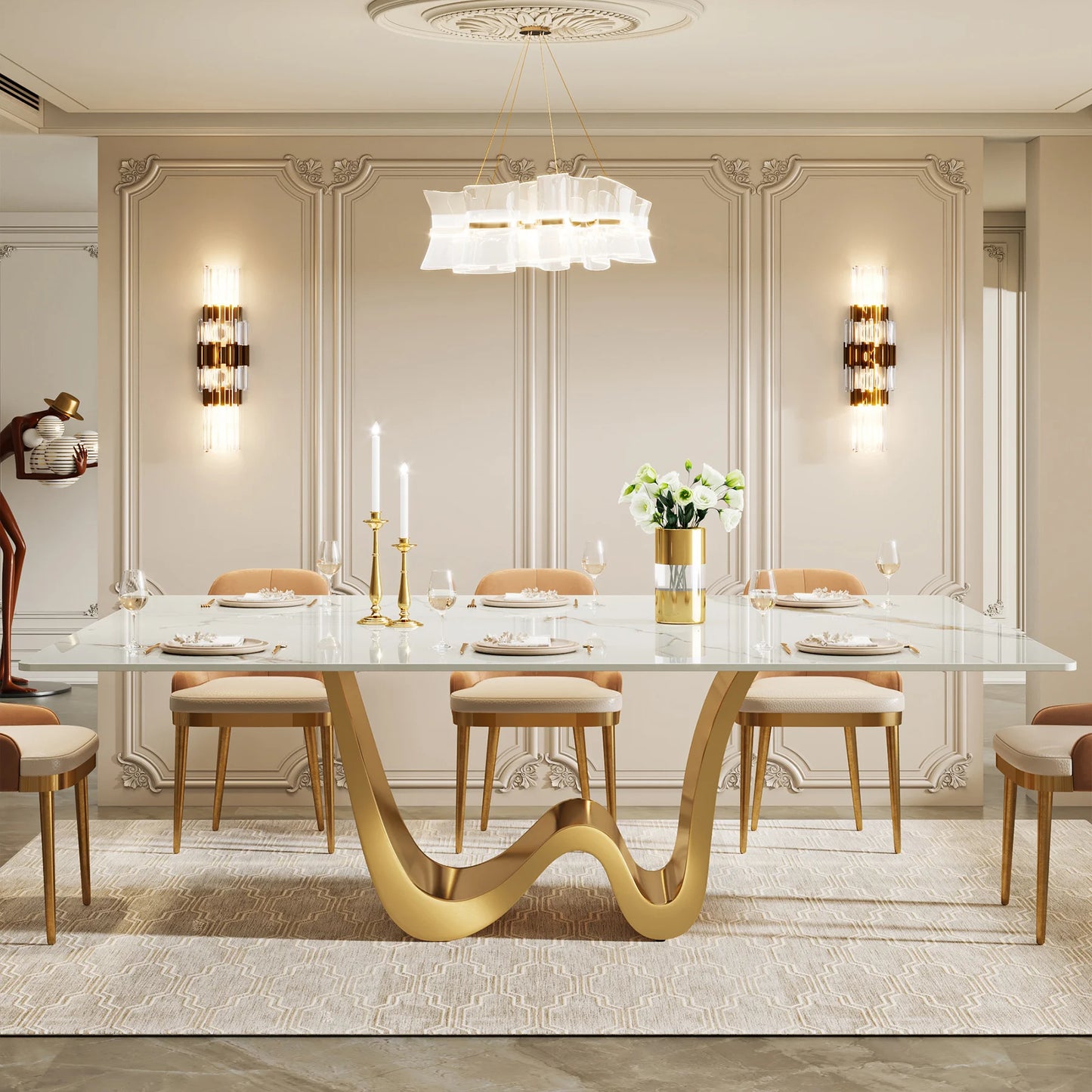Tribesigns 78.74" Sintered Stone Dining Table for 6-8, Modern Rectangle Dining Table, Luxury White & Gold Kitchen Table