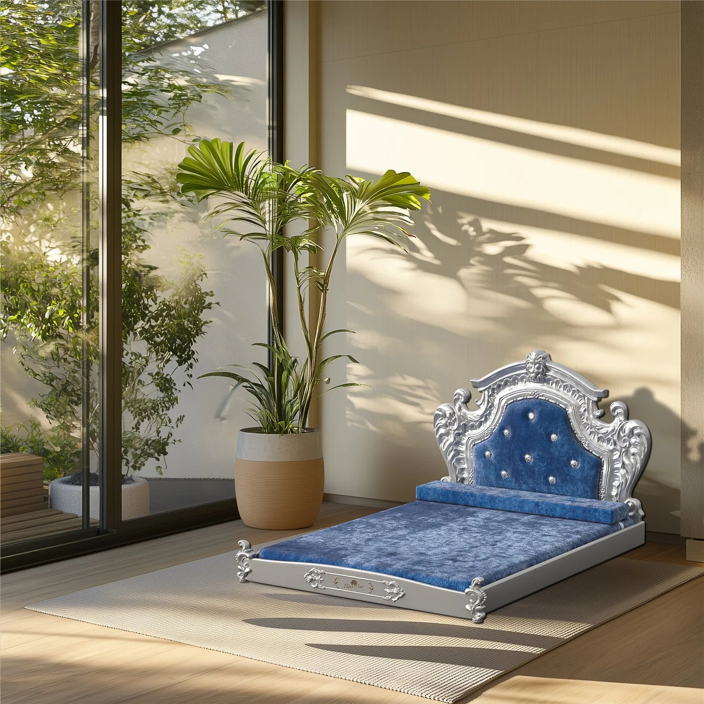 Bingopaw Dutch Velvet Pet Bed with Headboard European Style Luxury Dog Cat Bed for Medium to Large Breeds Eco-Friendly Nylon