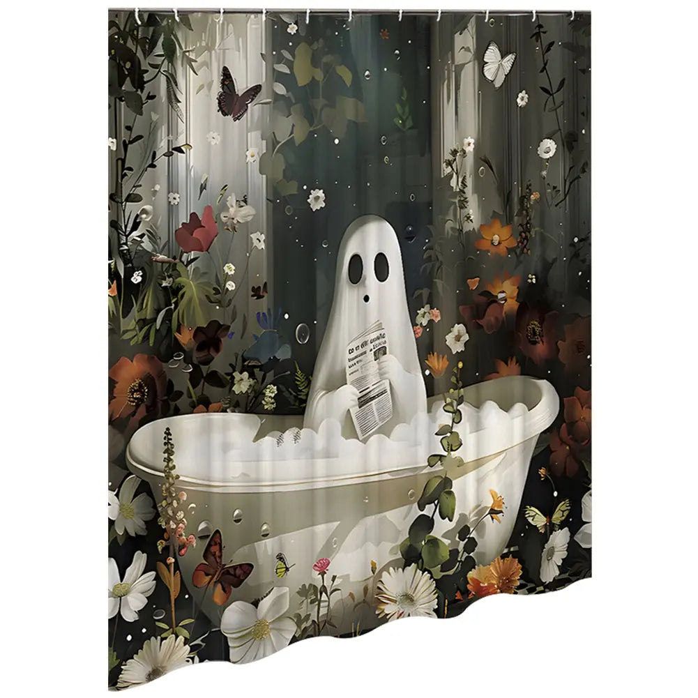 Cute Cartoon Ghost Shower Curtain Set Halloween Bathroom Curtain Washable Spooky Bathroom Curtain with Hooks for Bathroom Decor