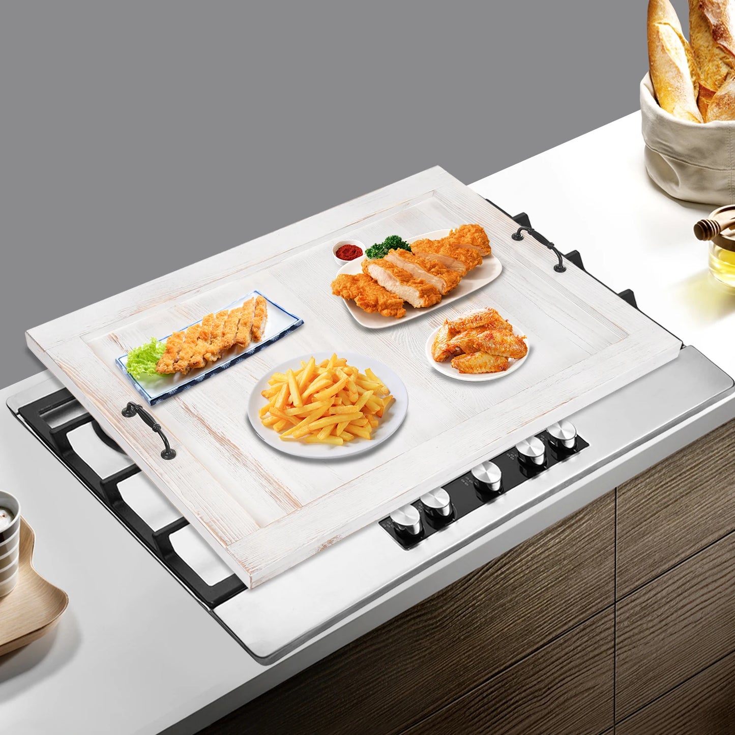 Noodle Board Stovetop Cover Kitchen Serving Tray with Handles 44lbs Load Capacity Countertop Protector Modern Style Wood Tray