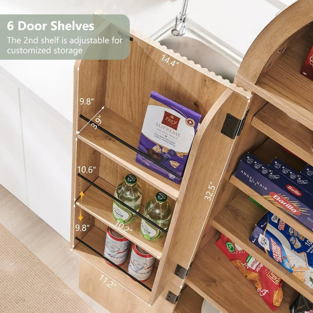 71" Tall Arched Kitchen Pantry Modern Fluted Wood Storage Cabinet with 3 Adjustable Shelves 6 Door Shelves Organizer - Natural