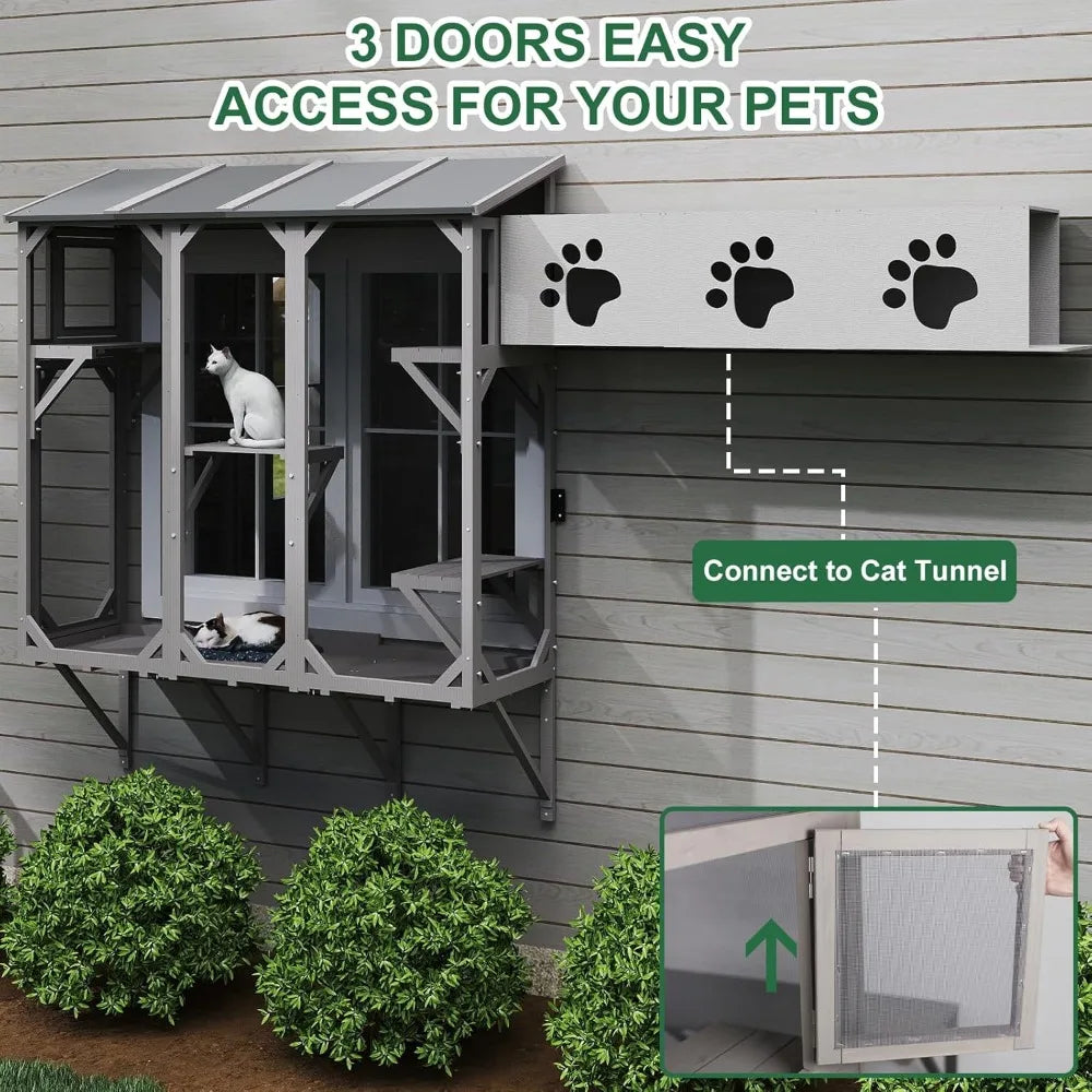 Expandable Window Box Enclosure for Multiple Indoor Cats, Comfortable Wooden Small Pet Perch House, All-Weather Use