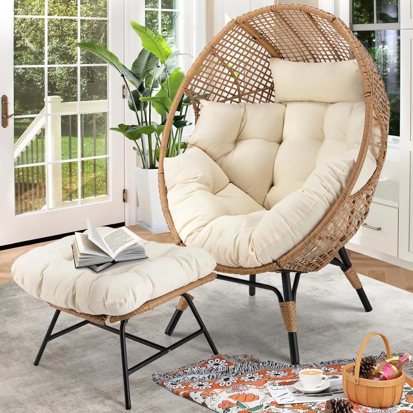 XMSJ Oversized Wicker Egg Chair With Footrest And Ottoman