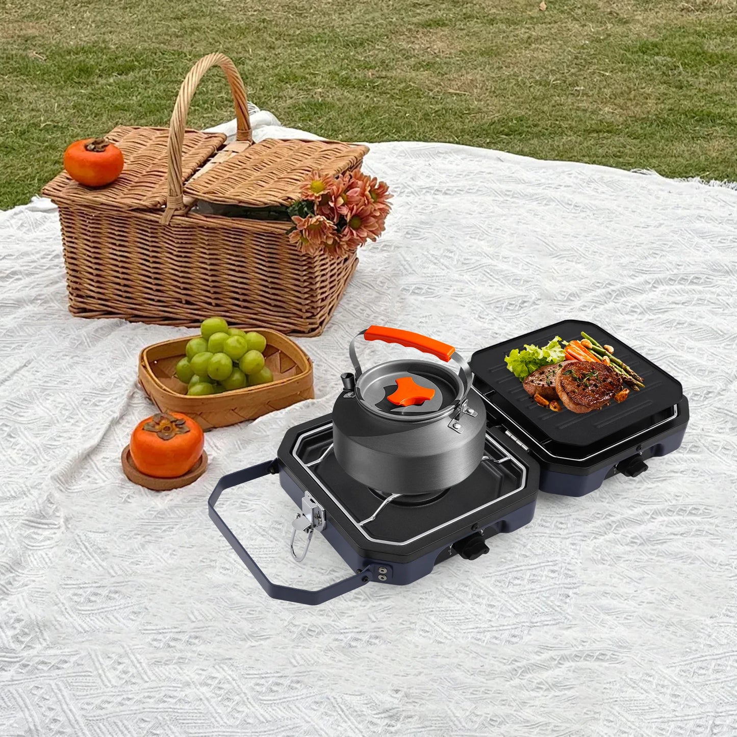 Camping Stove with Grill Pan Foldable Camp Stove 2-Burners Portable Stove for Camping BBQ