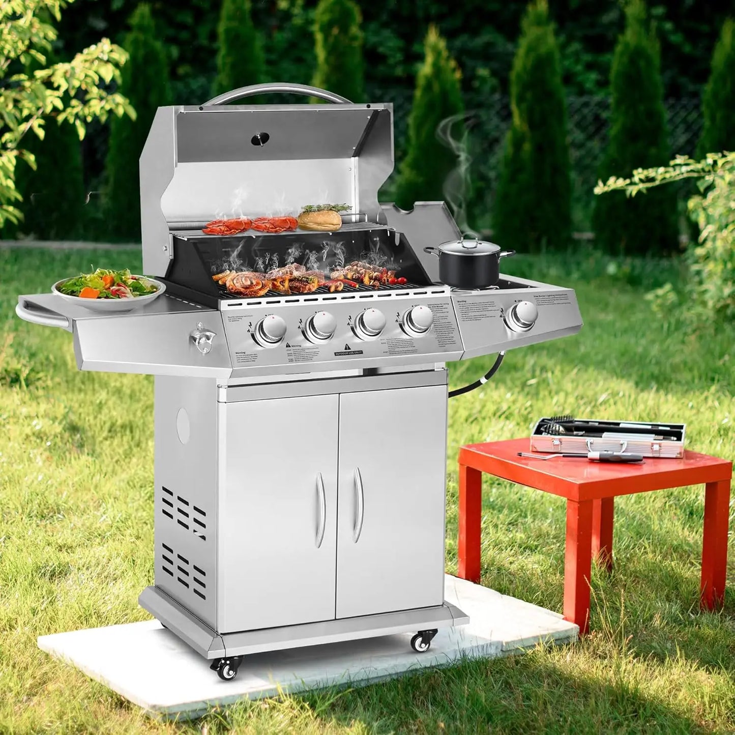 Propane Gas Grill Four Burners with Side Burner Stainless Steel Grill Cart with Wheels for Outdoor Patio Garden Backyard Cooking