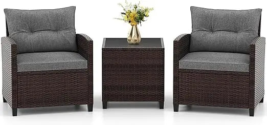 3 Piece Patio Furniture Set, Wicker Bistro Conversation Set w/ 2 Cushioned Armchairs & Glass Topped Table, Outdoor Rattan Sofa