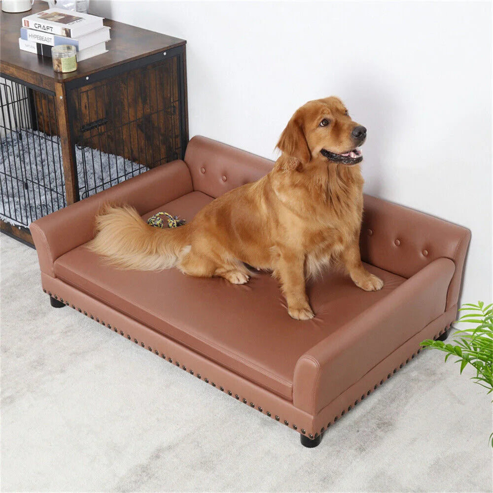 Heavy Duty Raised Dog Bed Sofa Large Cushioned Pet Couch Soft Microfiber Silicone Leather Velboa Covered Lounge for Cats And Puppies