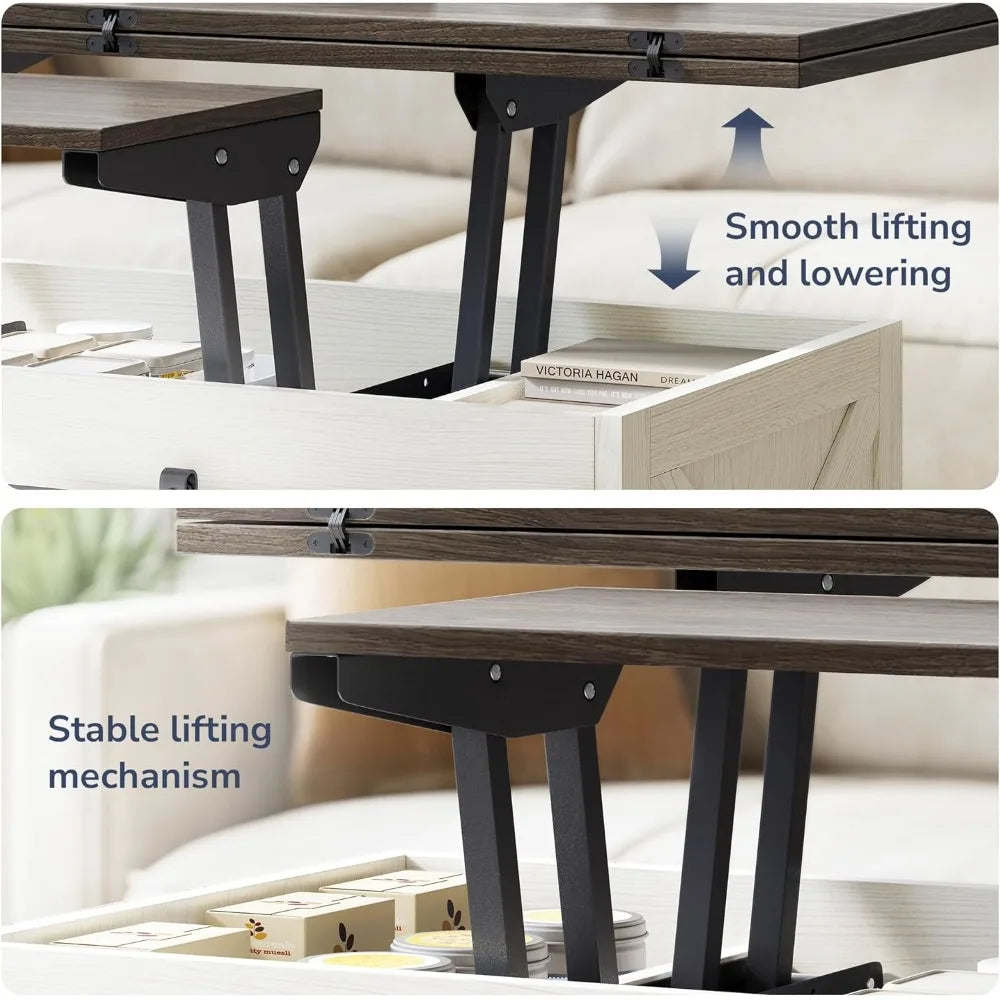 44 Inch Farmhouse Lift Top Coffee Table with Storage and Sliding Barn Doors White Sand Multi Function Rectangle for Living Room Dining Reception