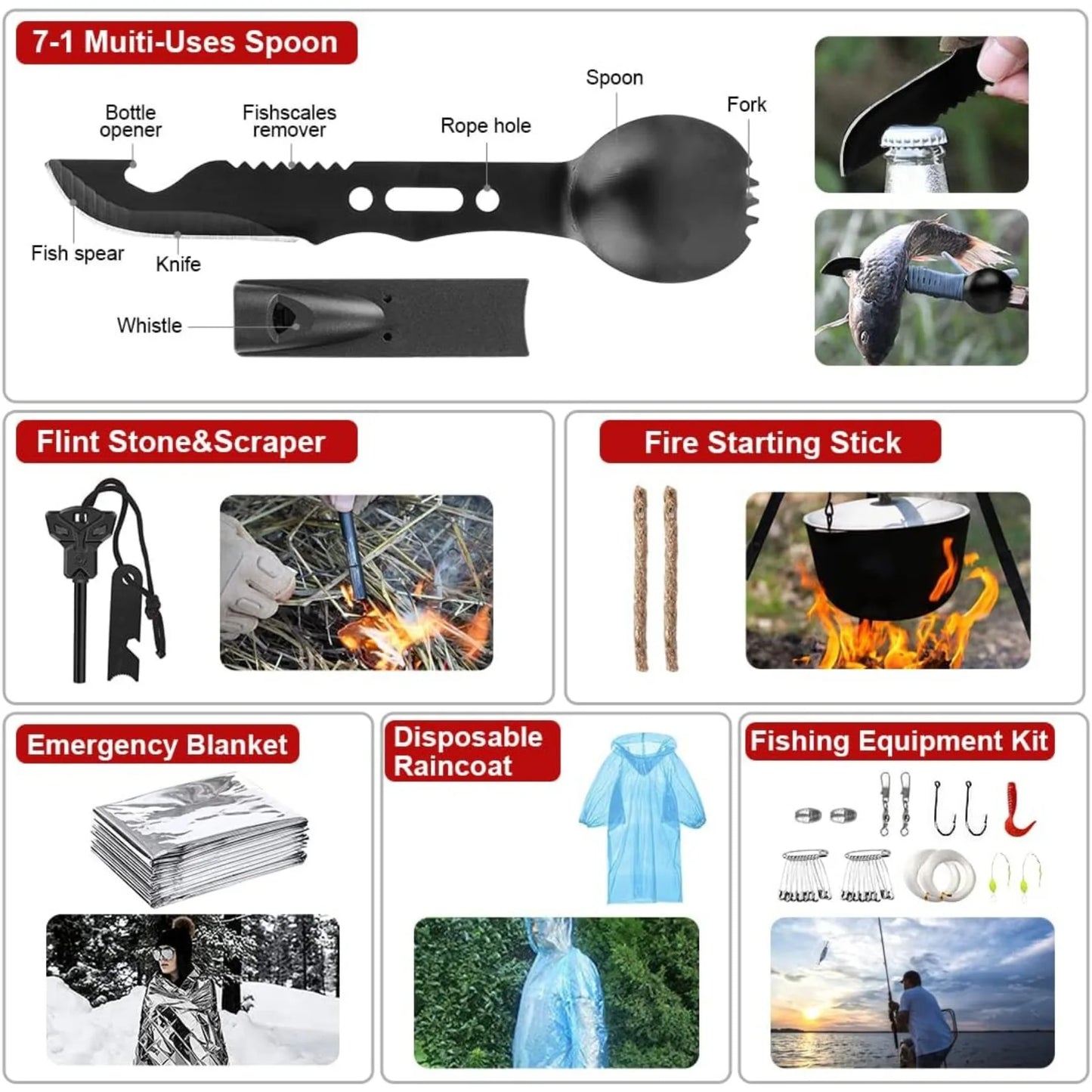 222 Piece Emergency Survival Kit with First Aid and Portable Bag for Outdoor Camping and Hunting