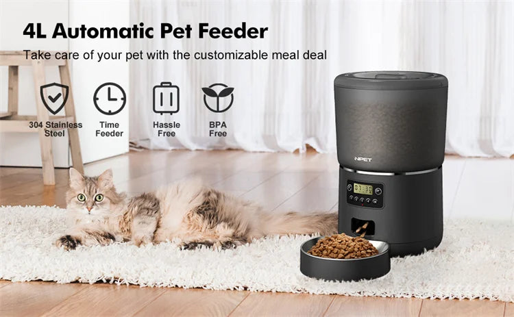 NPET 4L Smart Pet Feeder Automatic for Cats/Dogs with Stainless Steel Bowl - Customizable 1-9 Portions Food Dispenser with Timer