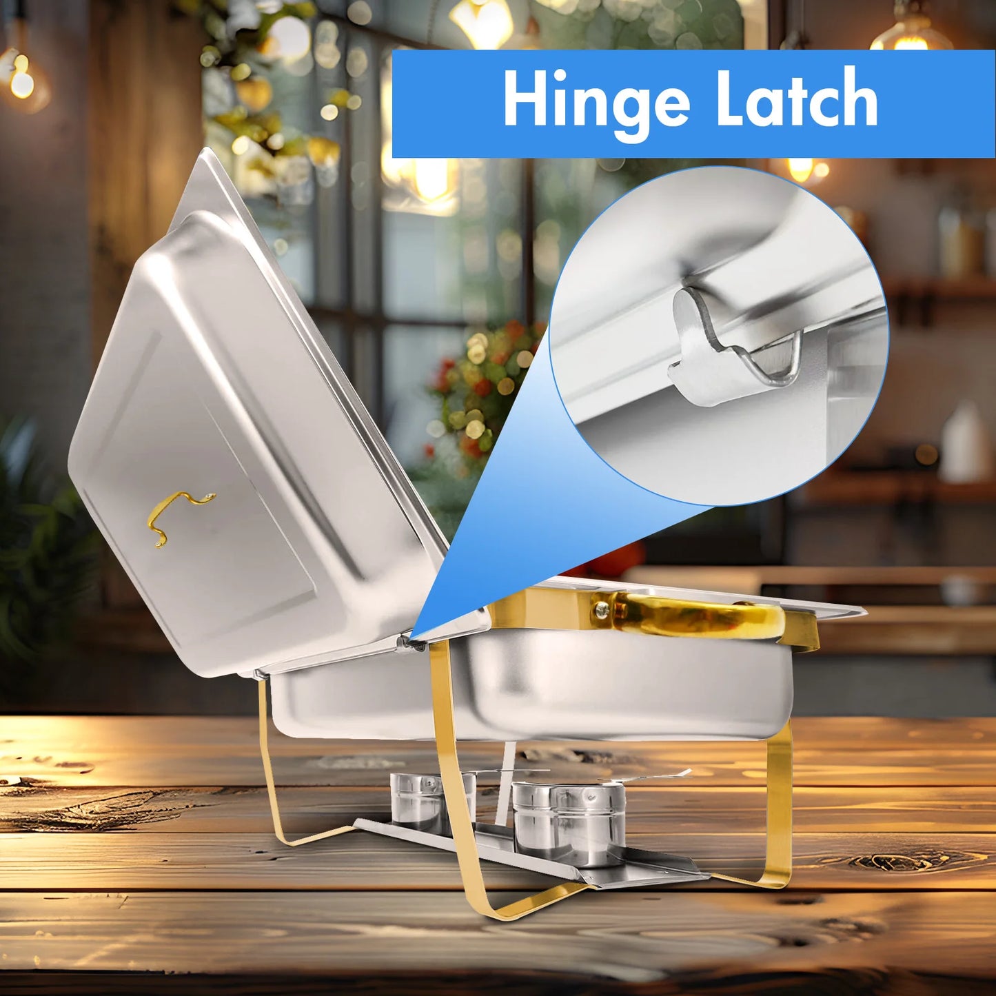 4 Pack Rectangular Chafing Dishes Set 8QT 9QT Semi Gold Plated Stainless Steel Buffet Warmer for Hotel Catering or Wedding Parties