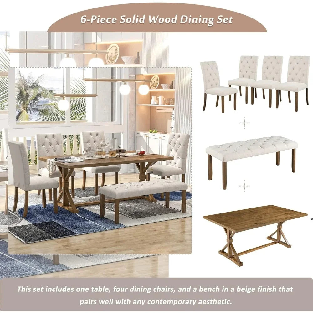 6 Piece Kitchen Dining Table Set, 72 inch Wooden Rectangular Table with 4 Upholstered Chairs and a Bench.