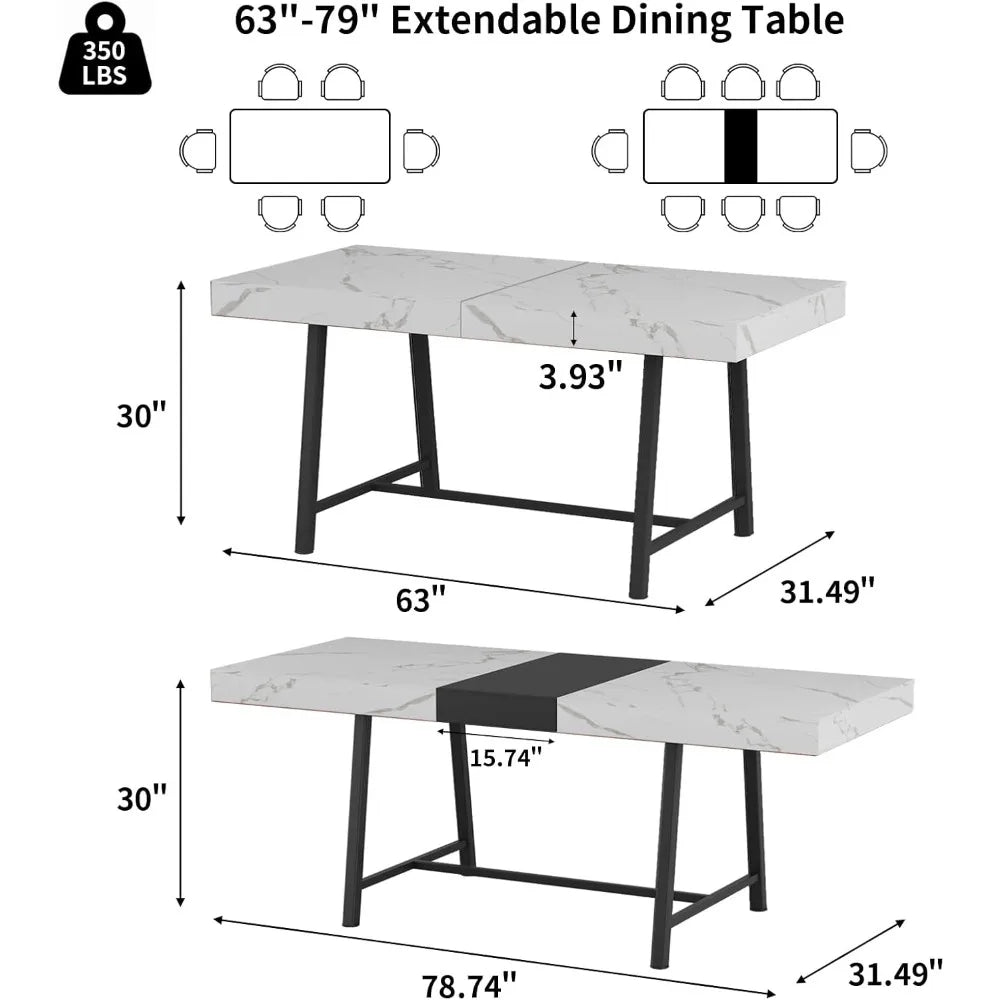 Extendable Dining Table 63-79 Inch Woodgrain/Marble Top for 6-10 People Silent-Glide Mechanism Modern Rectangular Dining Room Furniture