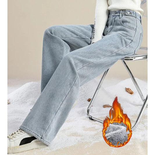 Winter Girls Plush Thermal High Waist Solid Jeans Lady Fleece Snow Warm Denim Pants Women Baggy Straight Leg Daily Trousers