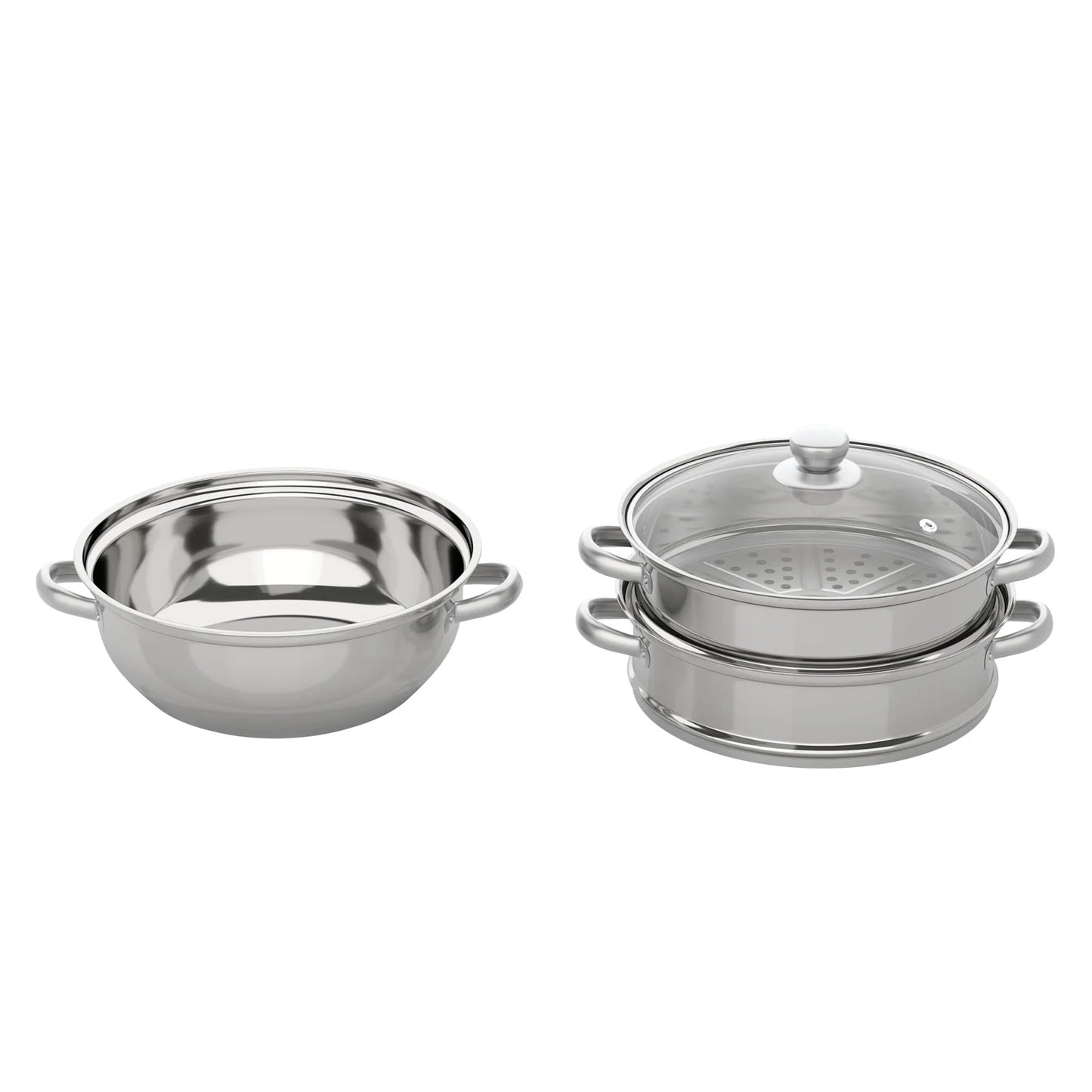 3 Tier Stainless Steel Steamer 28cm Overlapping Kitchen Soup Cooker Set with Glass Lid Silver