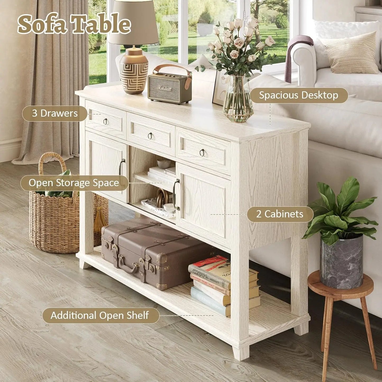 Vabches 47 Inch Wood Console Table with 3 Storage Drawers and Sliding Barn Doors for Entryway Hallway Living Room