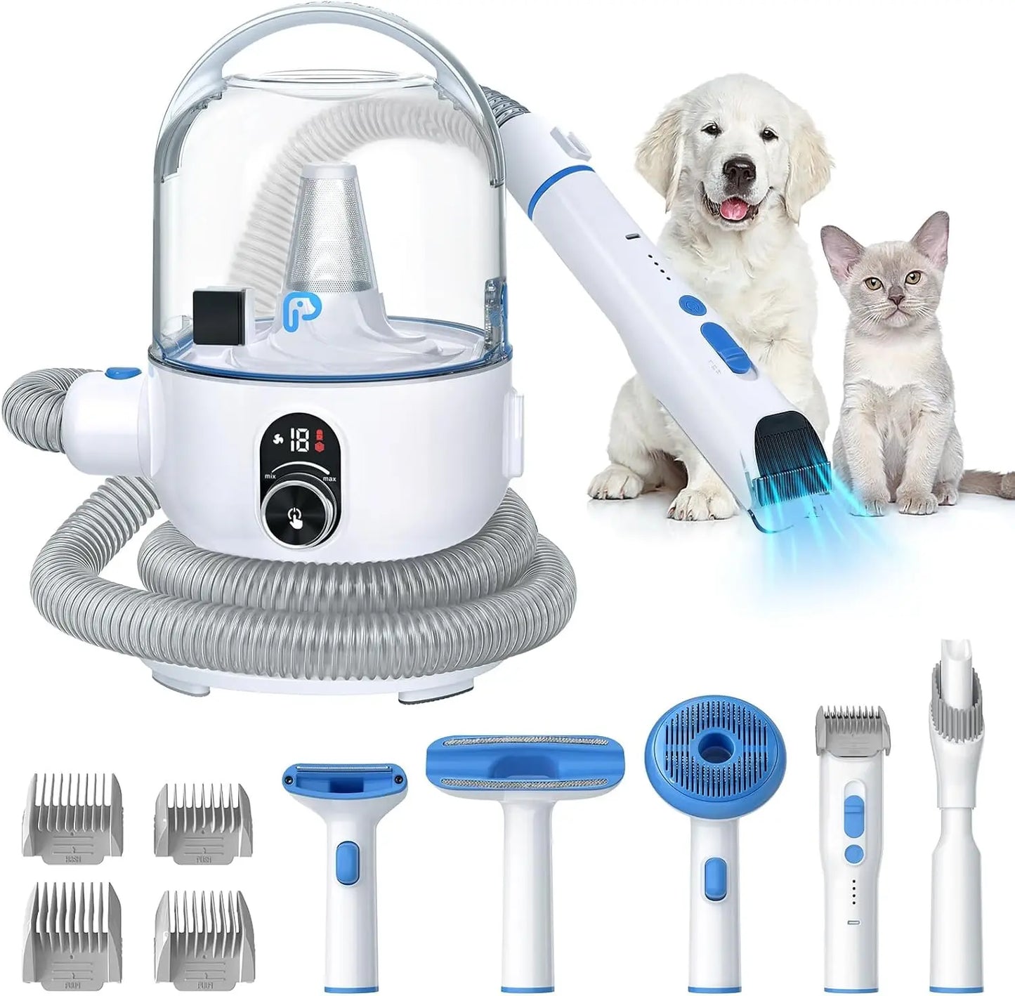 5-in-1 Pet Grooming Vacuum Kit for Dogs/Cats 2.0L Dust Cup Low Noise Hair Remover Cat Grooming Supplies with Plastic Combs