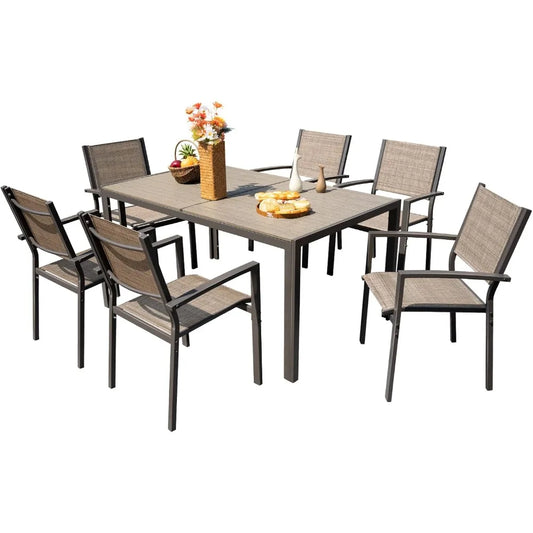 7 Piece Patio Dining Set Outdoor Furniture with Rectangular Table And 6 Stackable Chairs Modern Style Garden Conversation Set