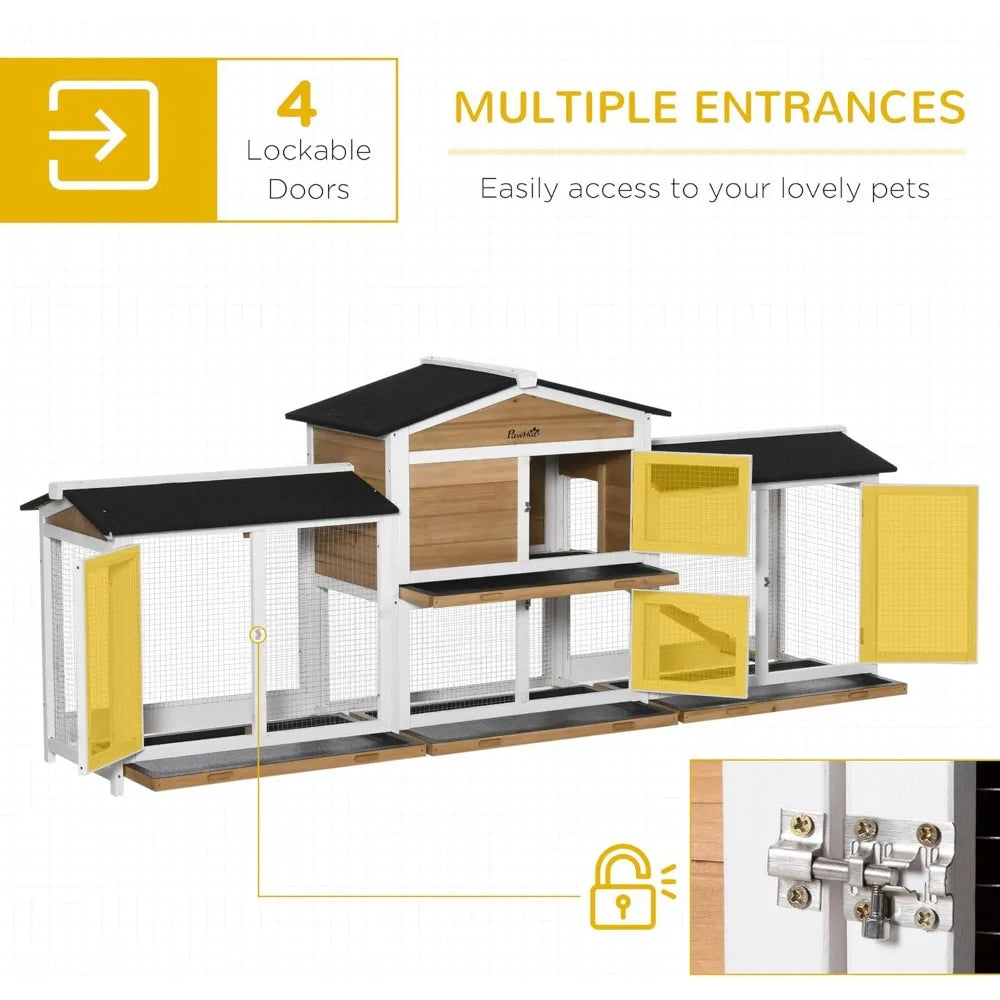 90.5" Wooden Rabbit Hutch Bunny Cage Pet Playpen House Enclosure with Double Side Run Boxes, No Leak Tray, Ramp, for Guinea Pig
