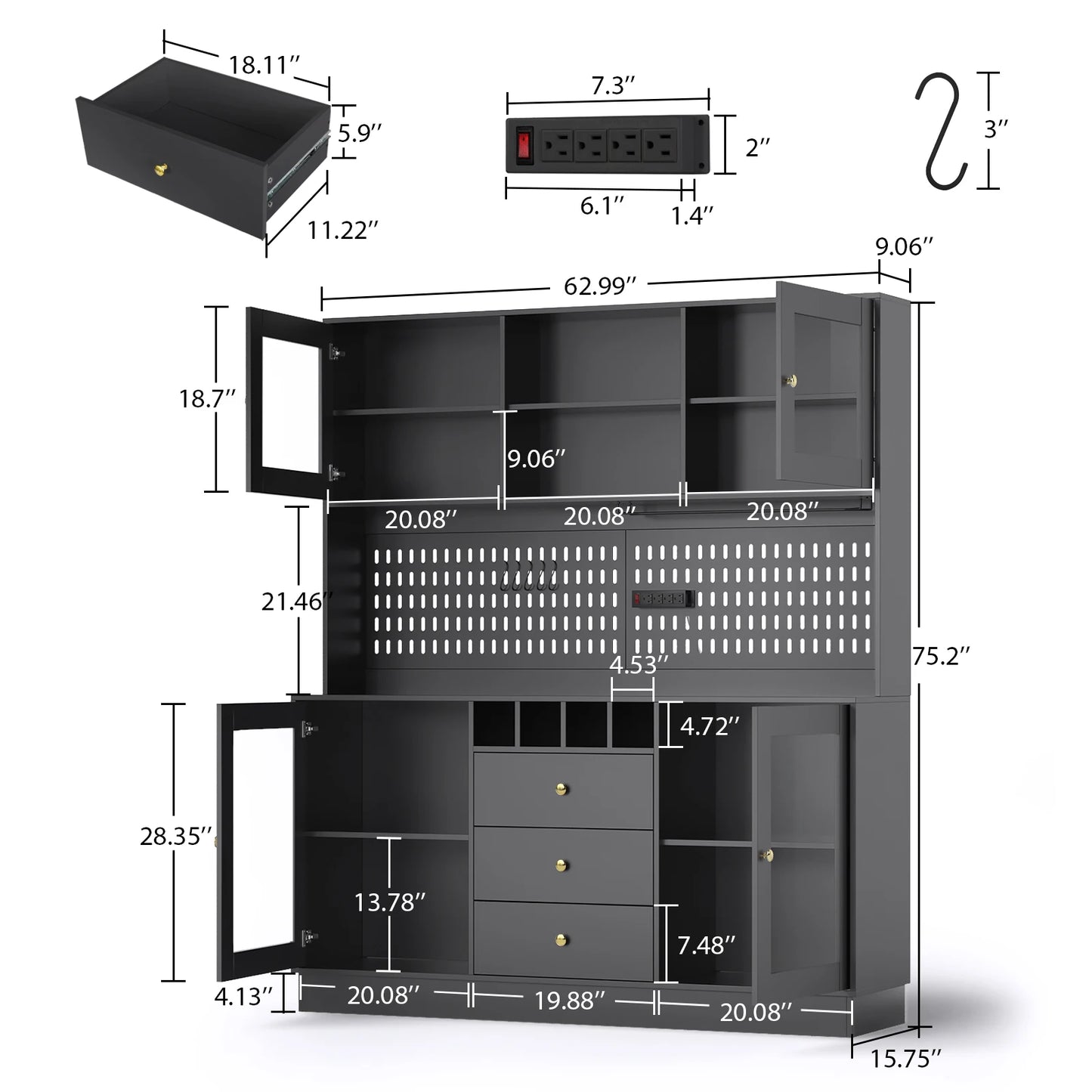 Black Freestanding Kitchen Pantry Cabinet with Pegboard Cup Holder Power Outlet Modern Style Modular Storage Buffet Hutch