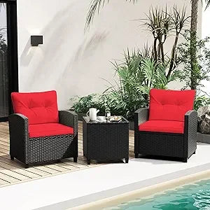 3 Piece Patio Furniture Set, Wicker Bistro Conversation Set w/ 2 Cushioned Armchairs & Glass Topped Table, Outdoor Rattan Sofa