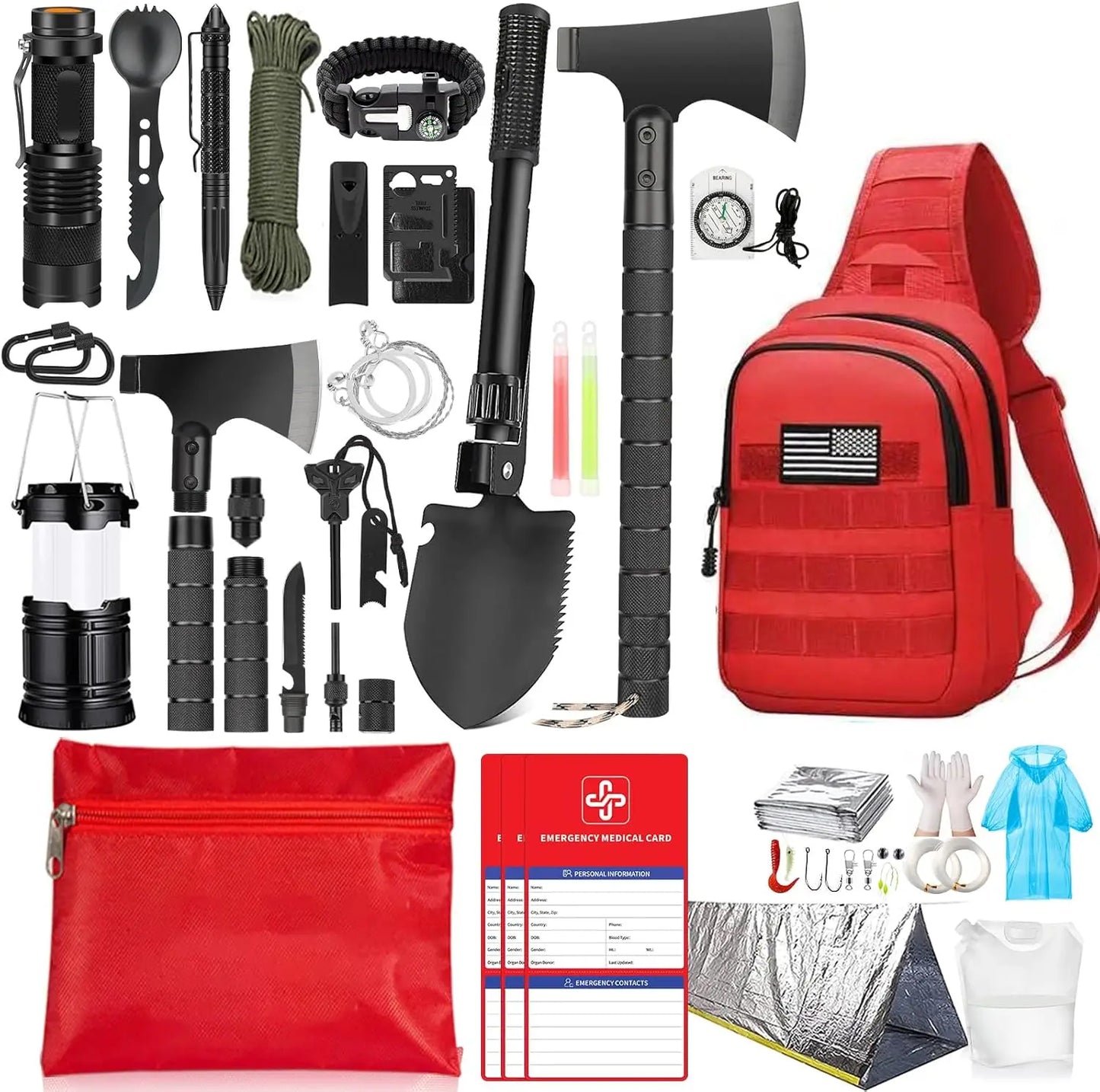 Survival kit, 262 pieces of survival equipment and supplies, first aid kit and crossbody bag