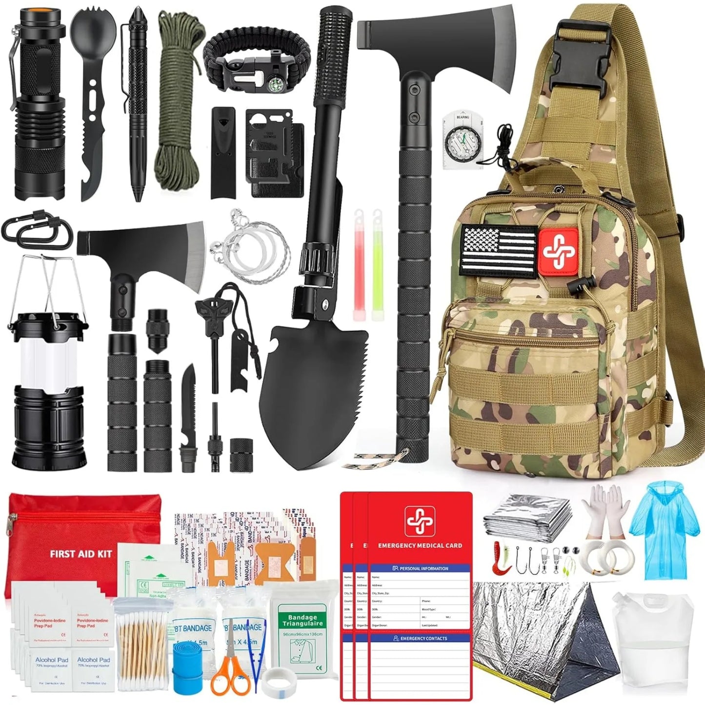 Survival kit, 262 pieces of survival equipment and supplies, first aid kit and crossbody bag